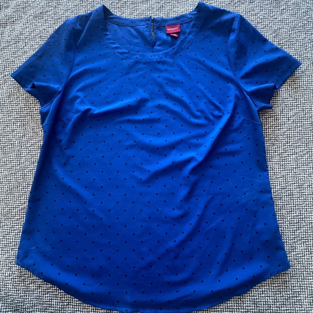 Merona Womens Large Royal Blue Polka Dot Short Sleeve Blouse Crew Neck Top
